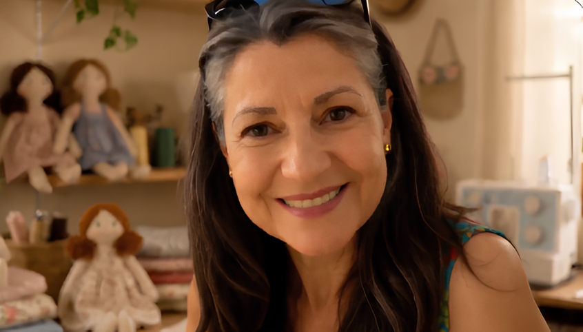 Doña Vera en su taller con muñecas de tela