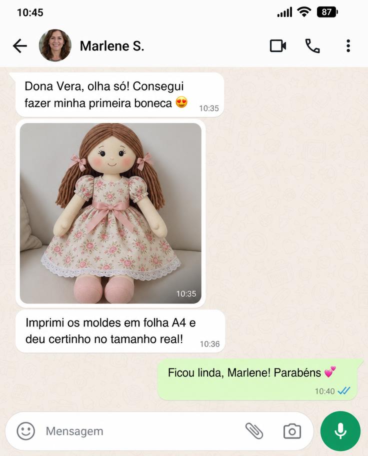 Print de conversa no WhatsApp com depoimento de Marlene S. sobre os moldes de boneca de pano