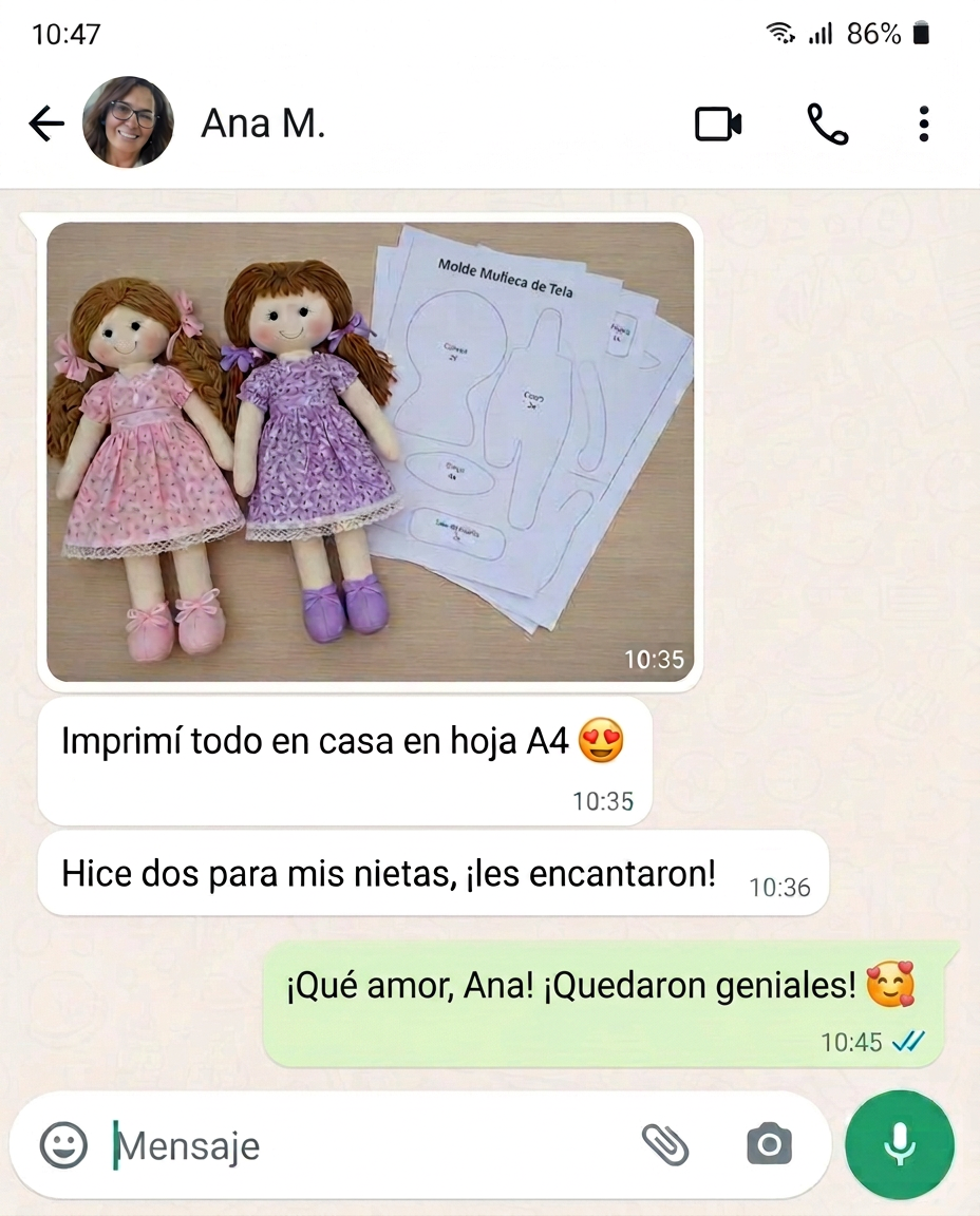 Captura de conversación en WhatsApp con testimonio de Ivone M. sobre los moldes de muñeca de tela