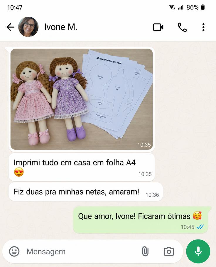 Print de conversa no WhatsApp com depoimento de Ivone M. sobre os moldes de boneca de pano